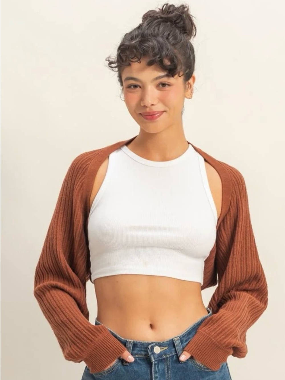 NEW Double Zero Chestnut Brown Ribbed Knit Cropped Bolero Cardigan Size Medium
